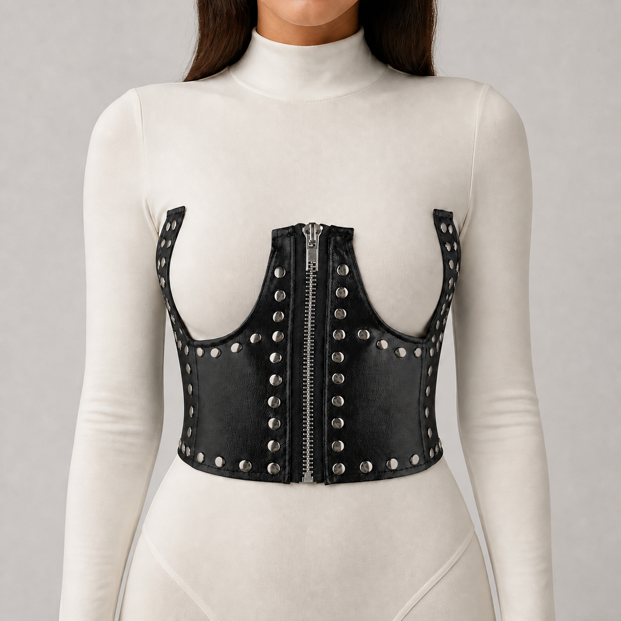 Studded Underbust Corset Belt - Punk Rivet Bustier Harness, Zip Front, Black