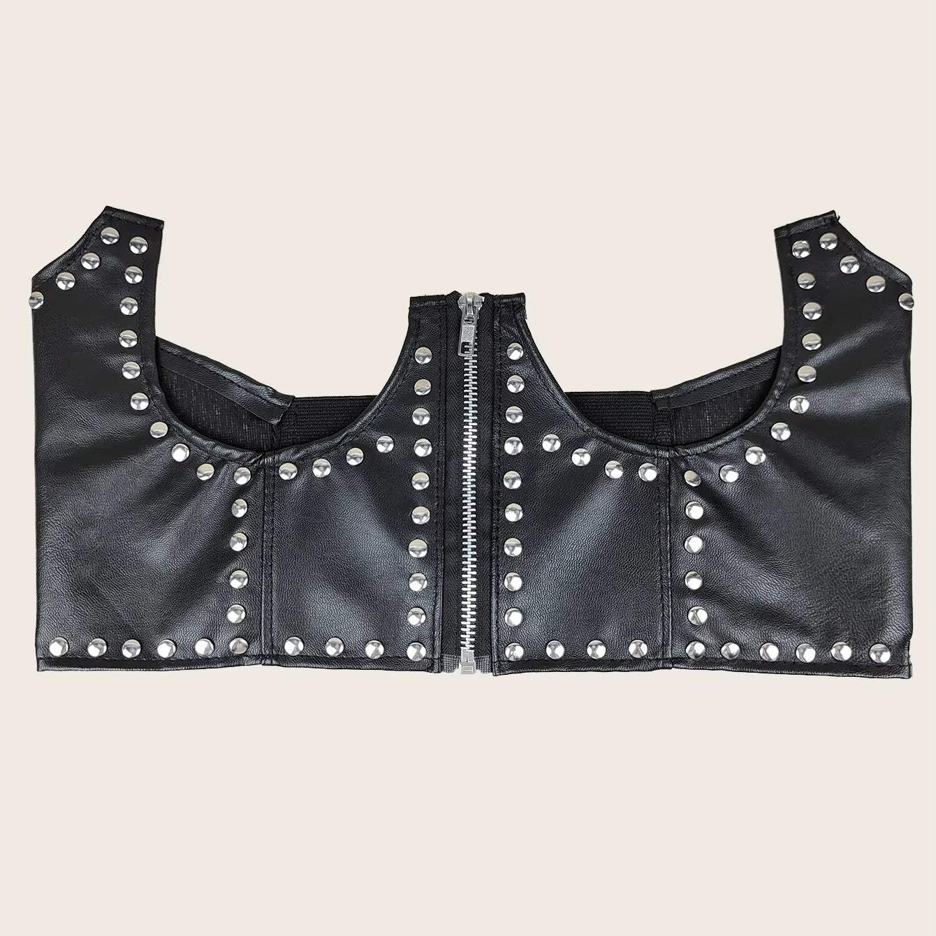 Front view of the black studded corset belt laid flat