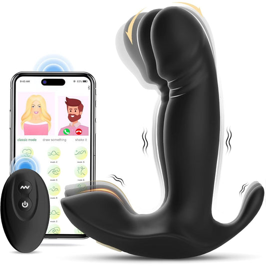 Mini wearable panty vibrator in black shown with its wireless remote and the phone app