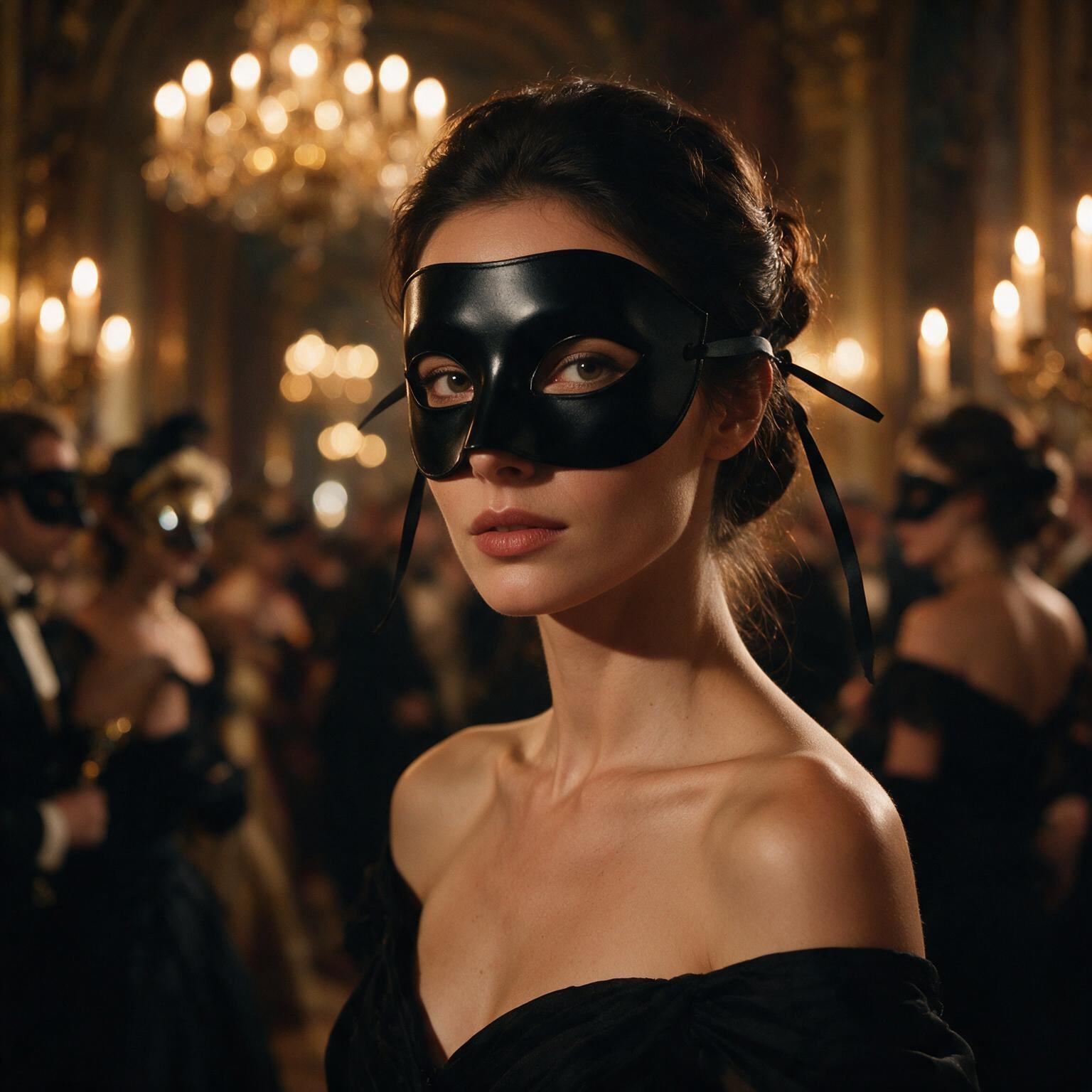 Woman wearing a black Venetian half mask at a candlelit masquerade ball
