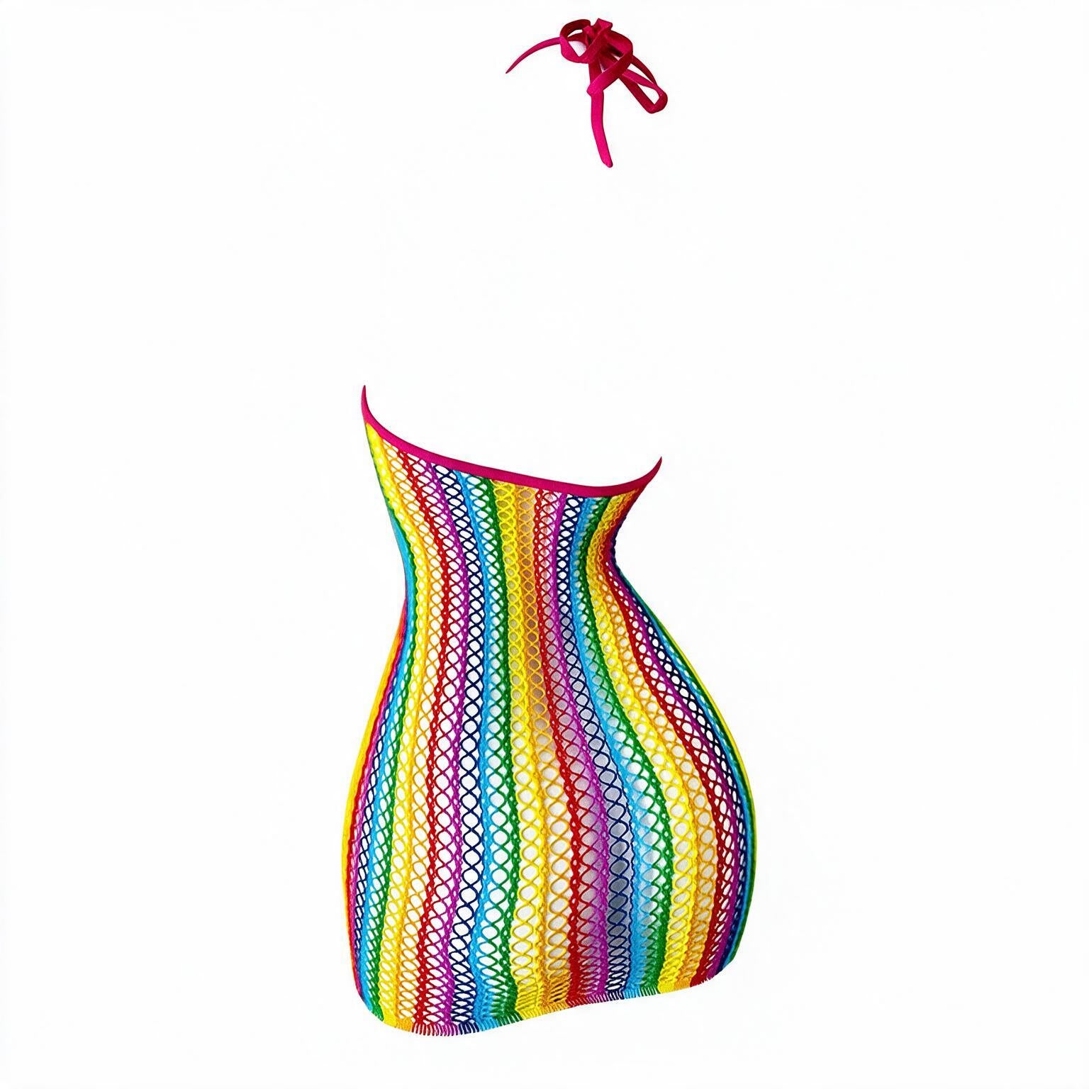 Open scoop back and halter ties, rear view on invisible mannequin