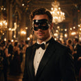 Cargar la imagen en la vista de la galería, Man in black tie wearing a black Venetian half mask at a masquerade ball
