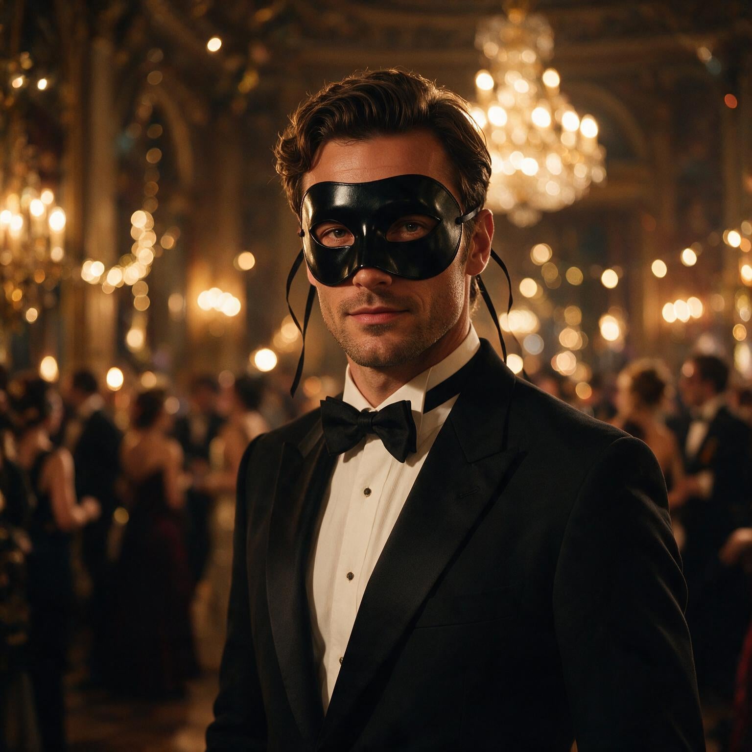 Man in black tie wearing a black Venetian half mask at a masquerade ball