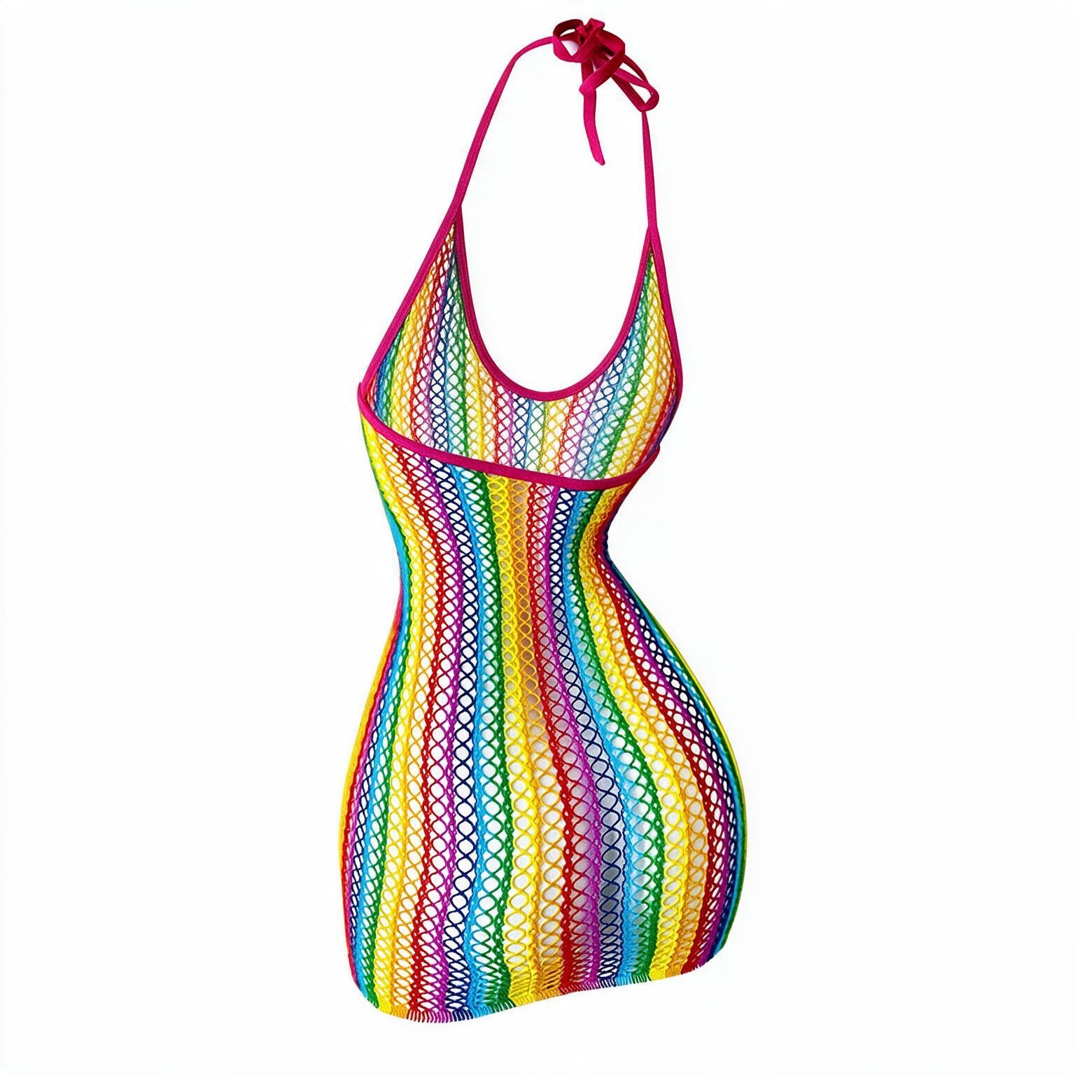 Three-quarter rear view showing the rainbow stripe pattern and stretch net