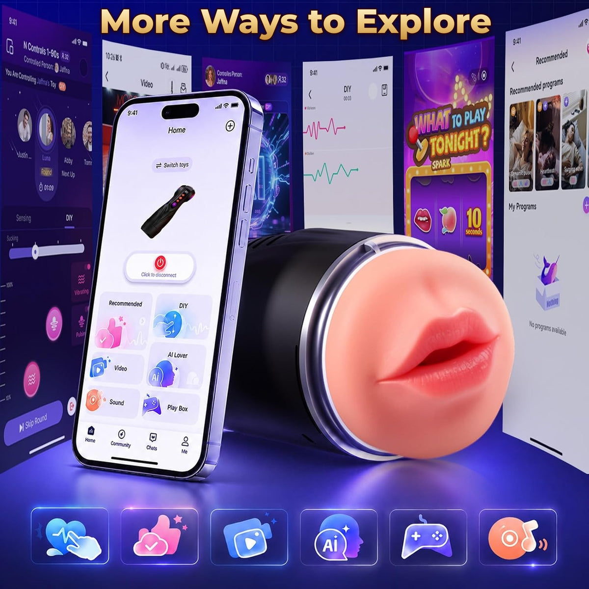 The stroker beside a phone and the app screens, captioned More Ways to Explore
