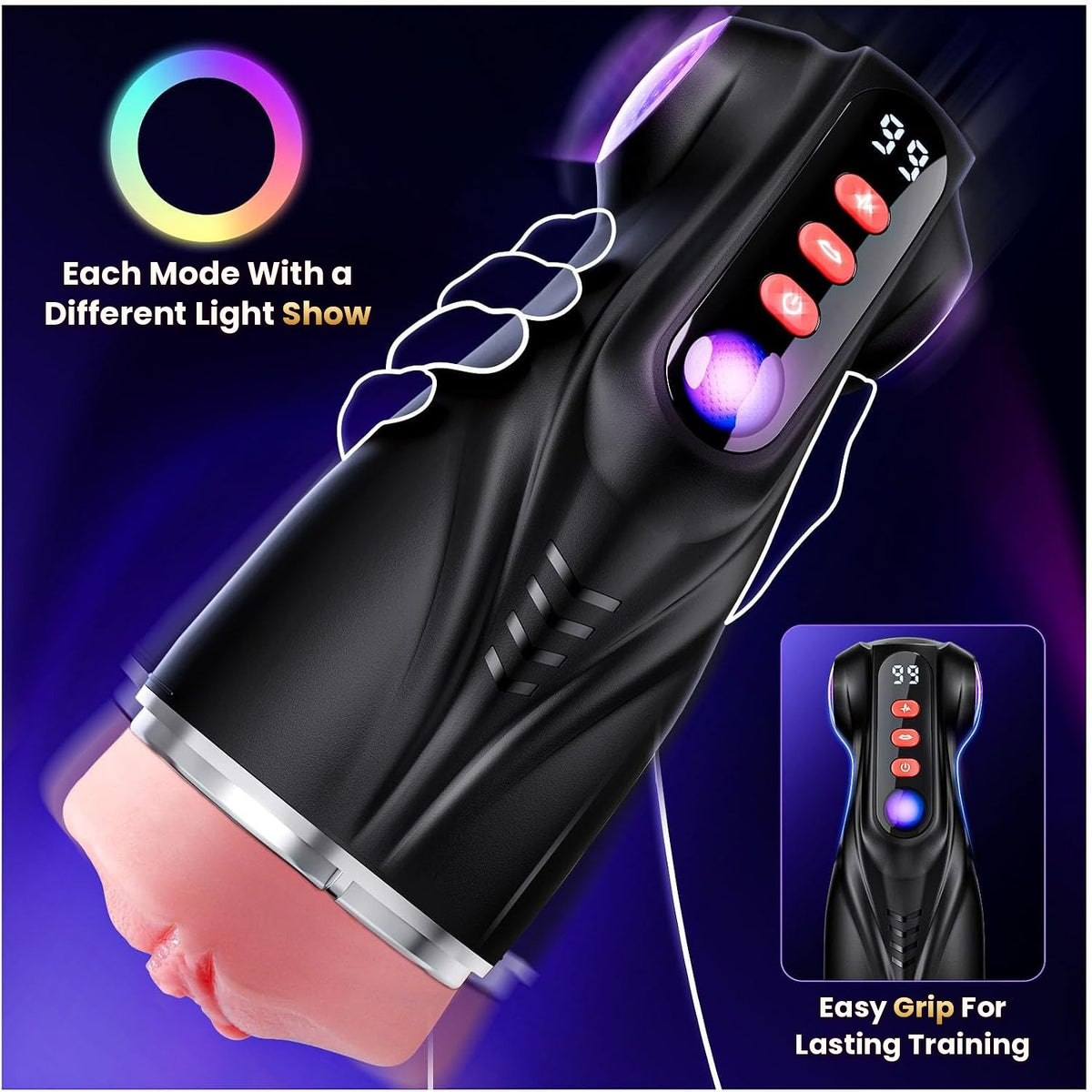 The stroker gripped by a drawn hand outline beside a rainbow colour ring, captioned Each Mode With a Different Light Show