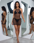 Cargar la imagen en la vista de la galería, The black net dress seen from several angles in a mirror installation
