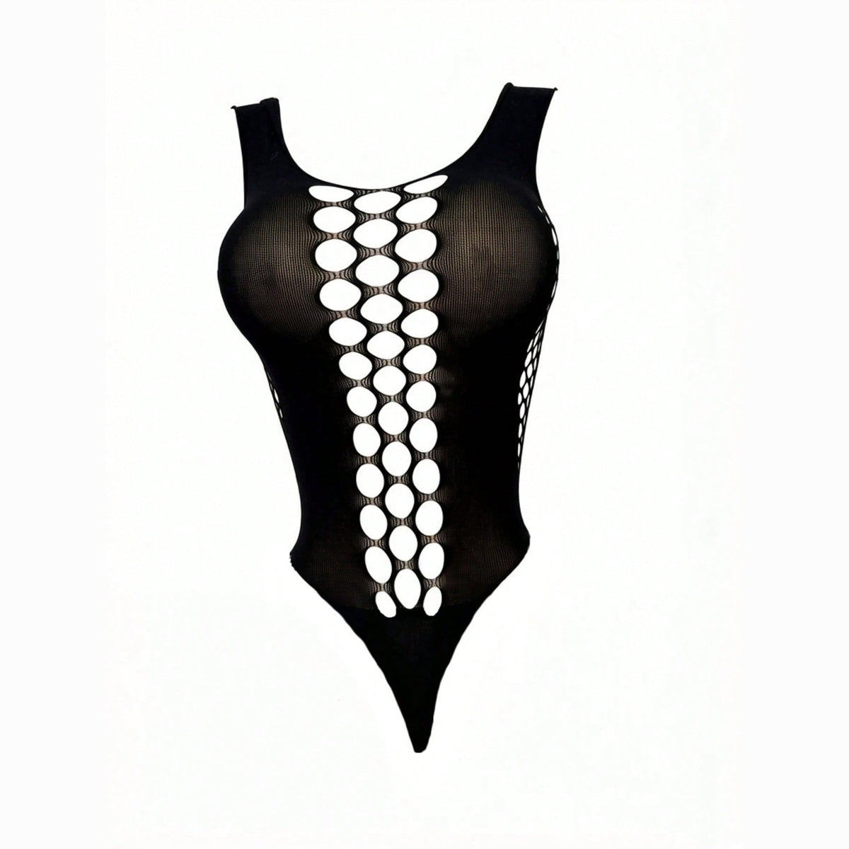 Black fishnet bodysuit for men, front, showing the ladder of open ovals