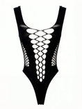 Cargar la imagen en la vista de la galería, The bodysuit laid flat against white, back, showing the thong cut
