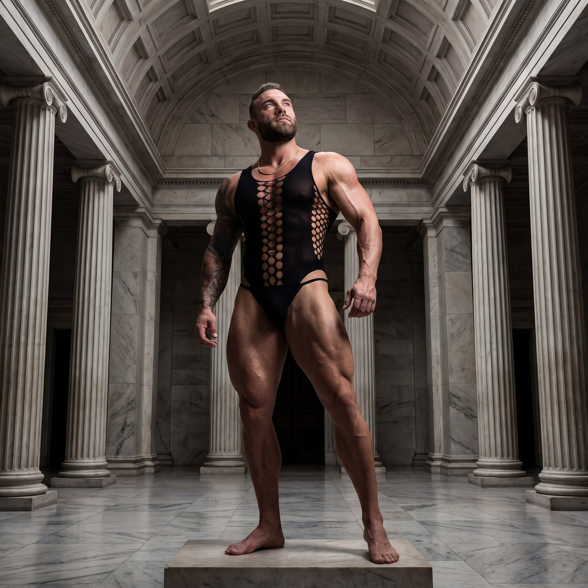 Worn standing in a marble colonnade, showing the full length and the high leg