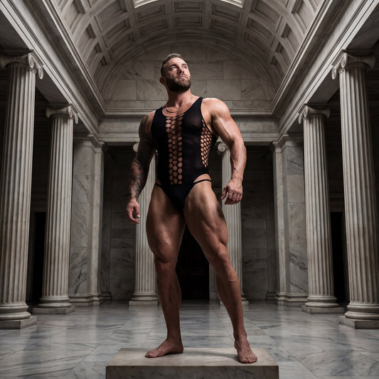 Worn standing in a marble colonnade, showing the full length and the high leg