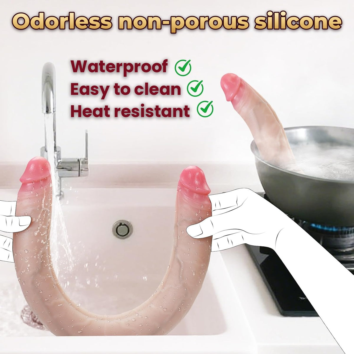 Illustration of the double-ended dildo bent into a U and rinsed under a kitchen tap