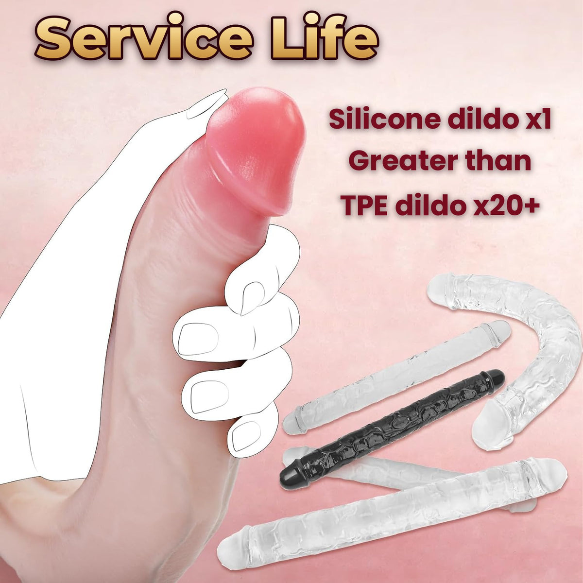 Line-drawn hand holding the double-ended dildo beside clear and black comparison toys