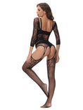 Cargar la imagen en la vista de la galería, Rear view showing the open back, hip straps and where the lace body meets the fishnet leg

