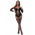 Cargar la imagen en la vista de la galería, Off-Shoulder Floral Lace Bodystocking - Lace-Up Front, Attached Stockings, One Size, Black
