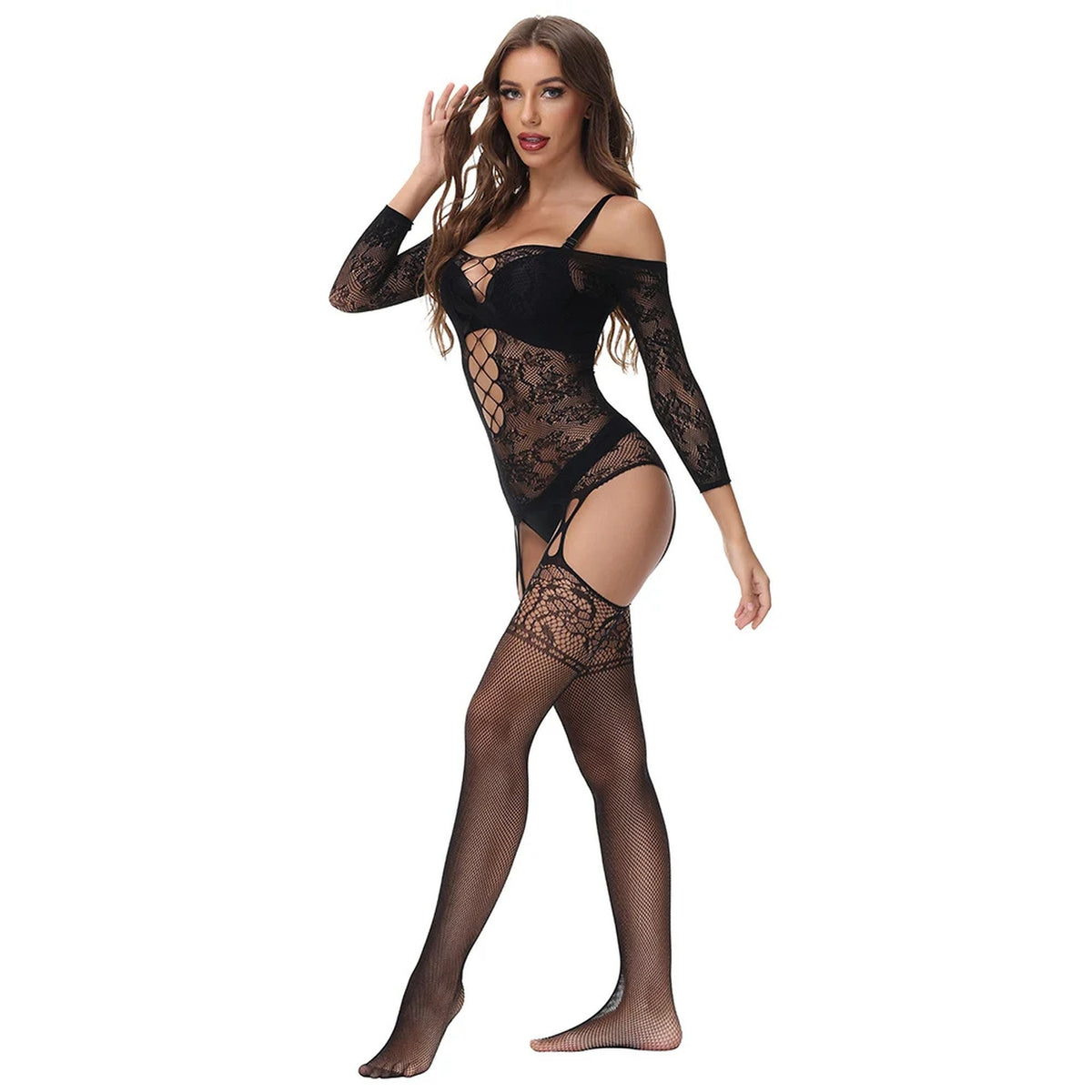 Black floral lace bodystocking, front view showing the off-shoulder band, lace-up front and attached stockings