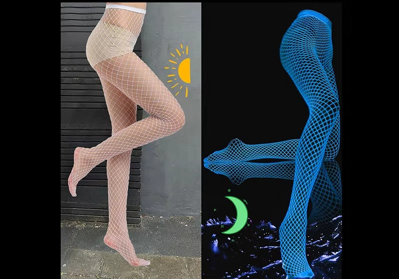The tights worn in daylight and the same net glowing blue at night