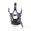 Cargar la imagen en la vista de la galería, Black PU leather head harness with mouth gag and collar, front view on a mannequin head
