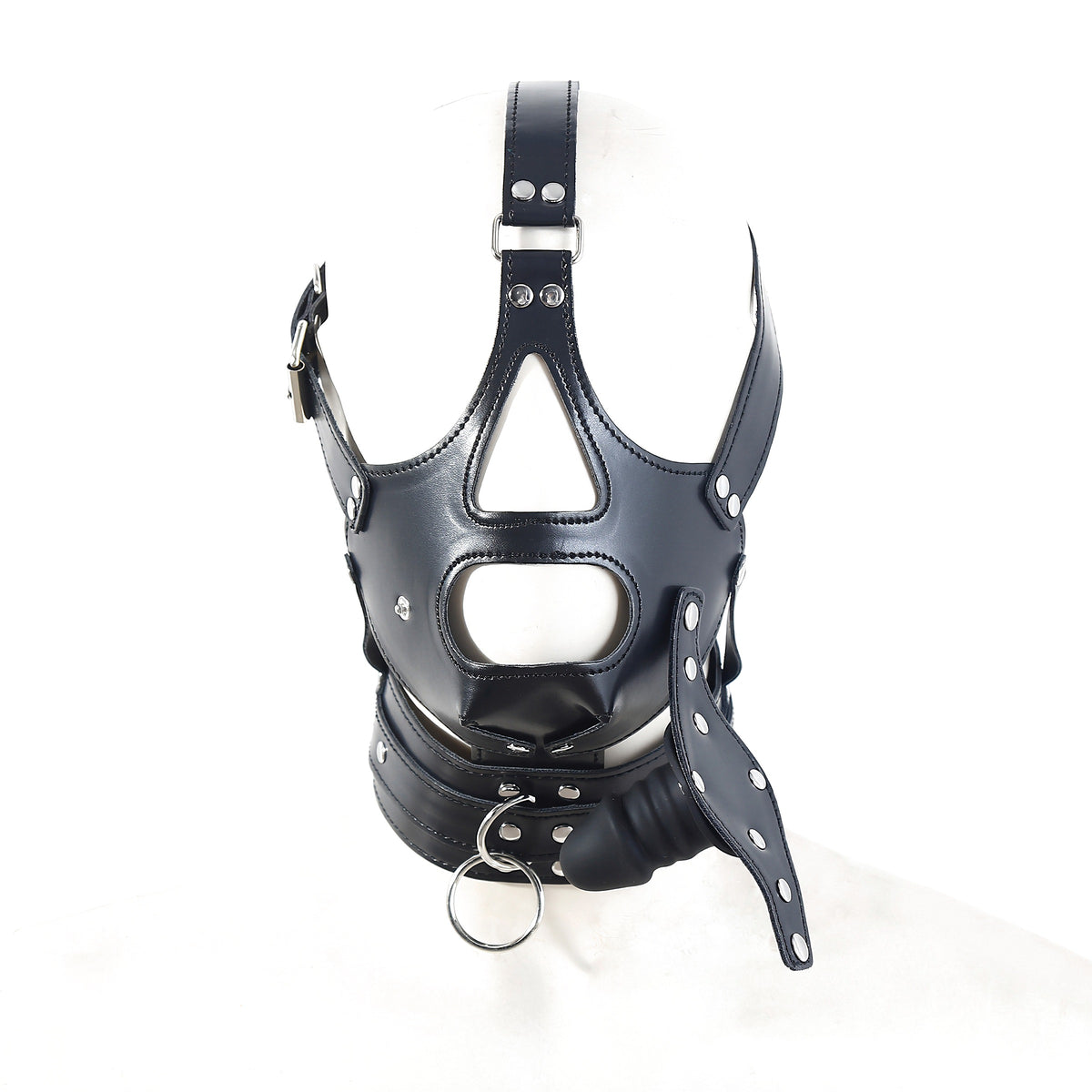 Black PU leather head harness with mouth gag and collar, front view on a mannequin head