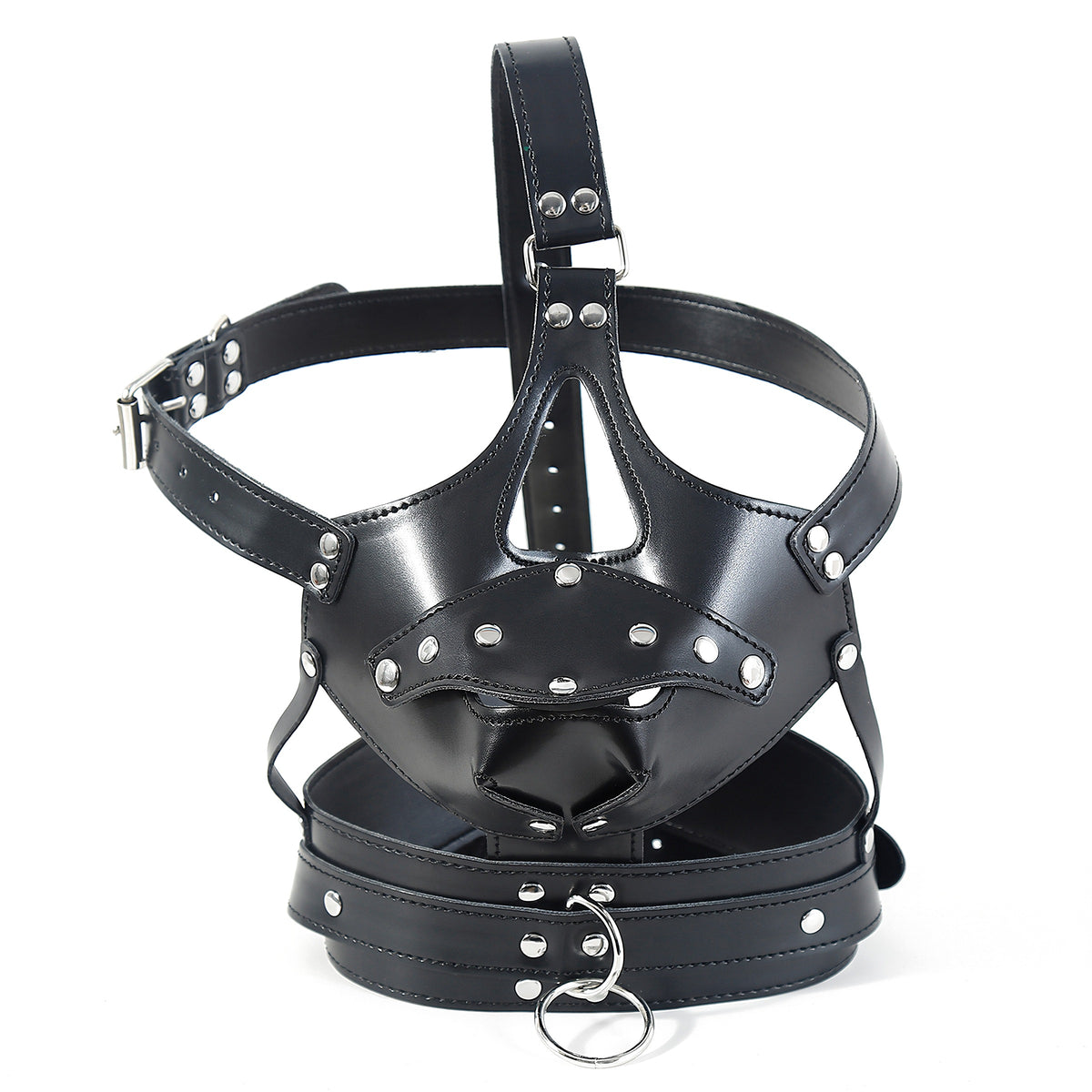 Full harness front on, showing the riveted muzzle panel and the O-ring collar below