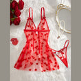 Cargar la imagen en la vista de la galería, Red heart-flock mesh babydoll and matching thong laid flat
