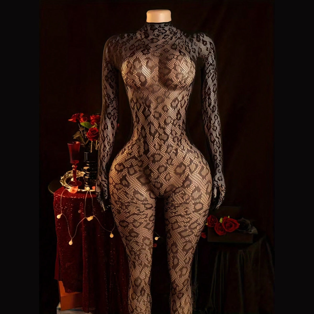 Black leopard lace bodystocking, front view on a mannequin