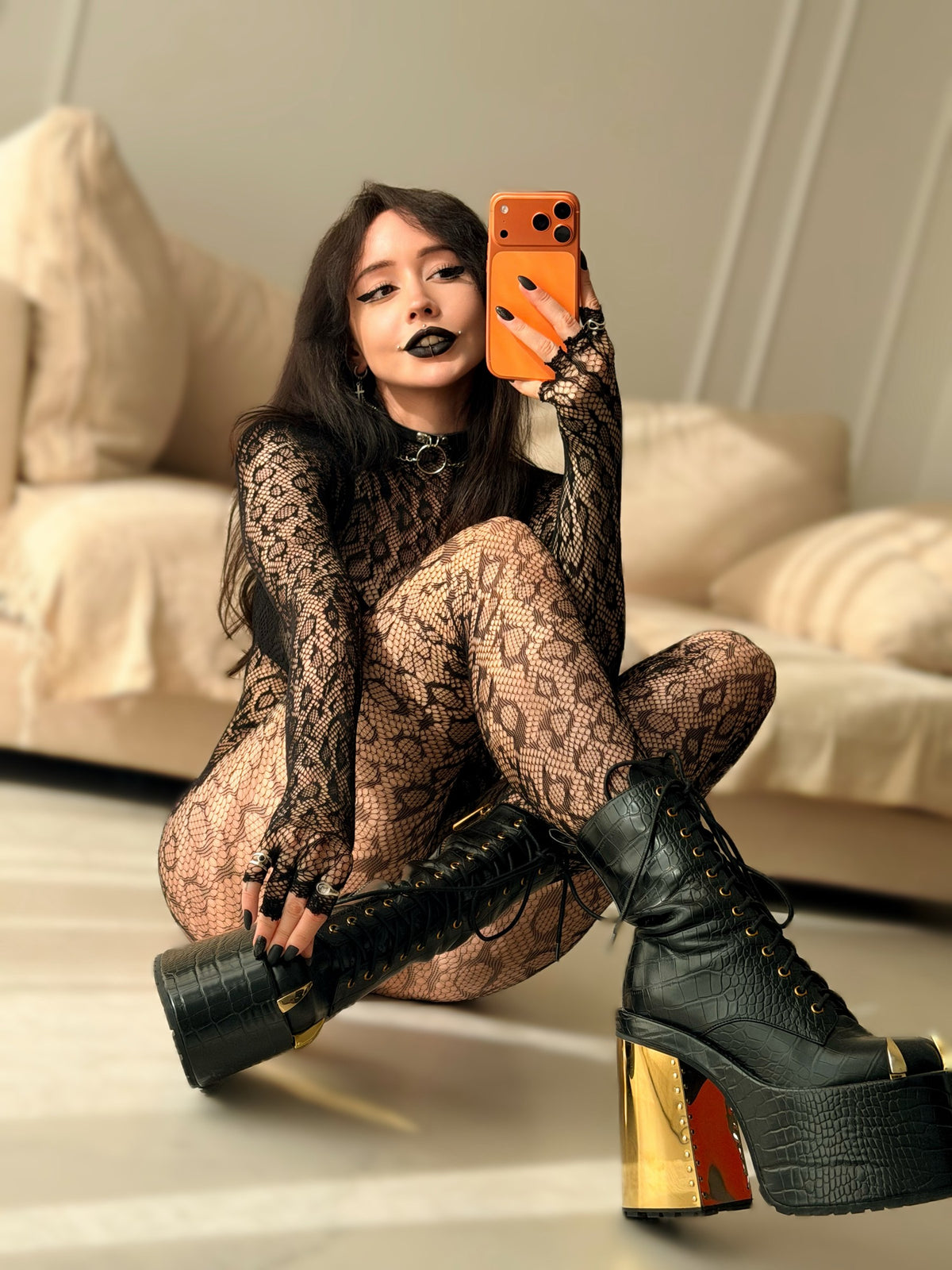Worn with platform boots, showing the lace over the thigh
