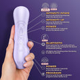 Load image into Gallery viewer, A hand holding the lilac Pro 2 Generation 3, with every control labeled: intensity down and up, power, Bluetooth pairing, vibration power and programs
