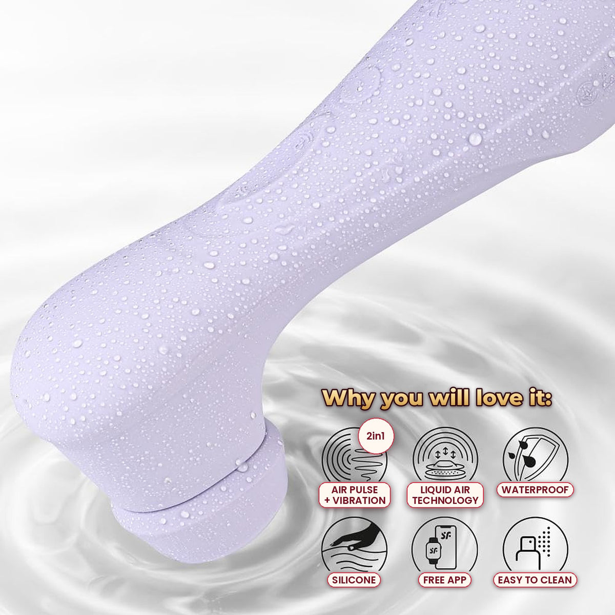 The lilac Pro 2 Generation 3 with water droplets and six feature icons, including air pulse plus vibration, Liquid Air, waterproof, silicone and the free app