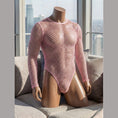 Cargar la imagen en la vista de la galería, Pink fishnet bodysuit for men, front view on a mannequin
