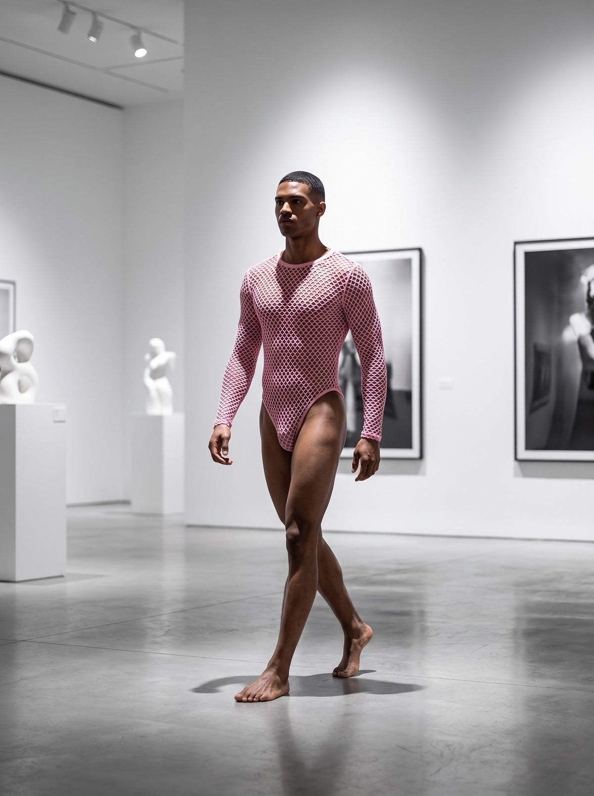 Worn mid-stride, showing how the bodysuit moves