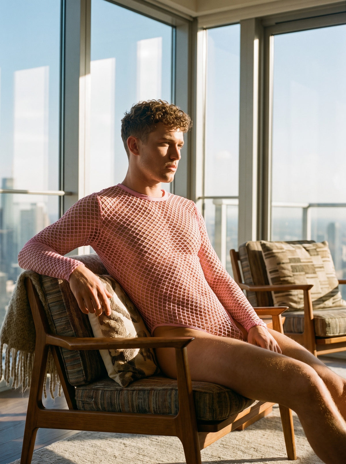 Seated by a window, showing how the net sits when relaxed