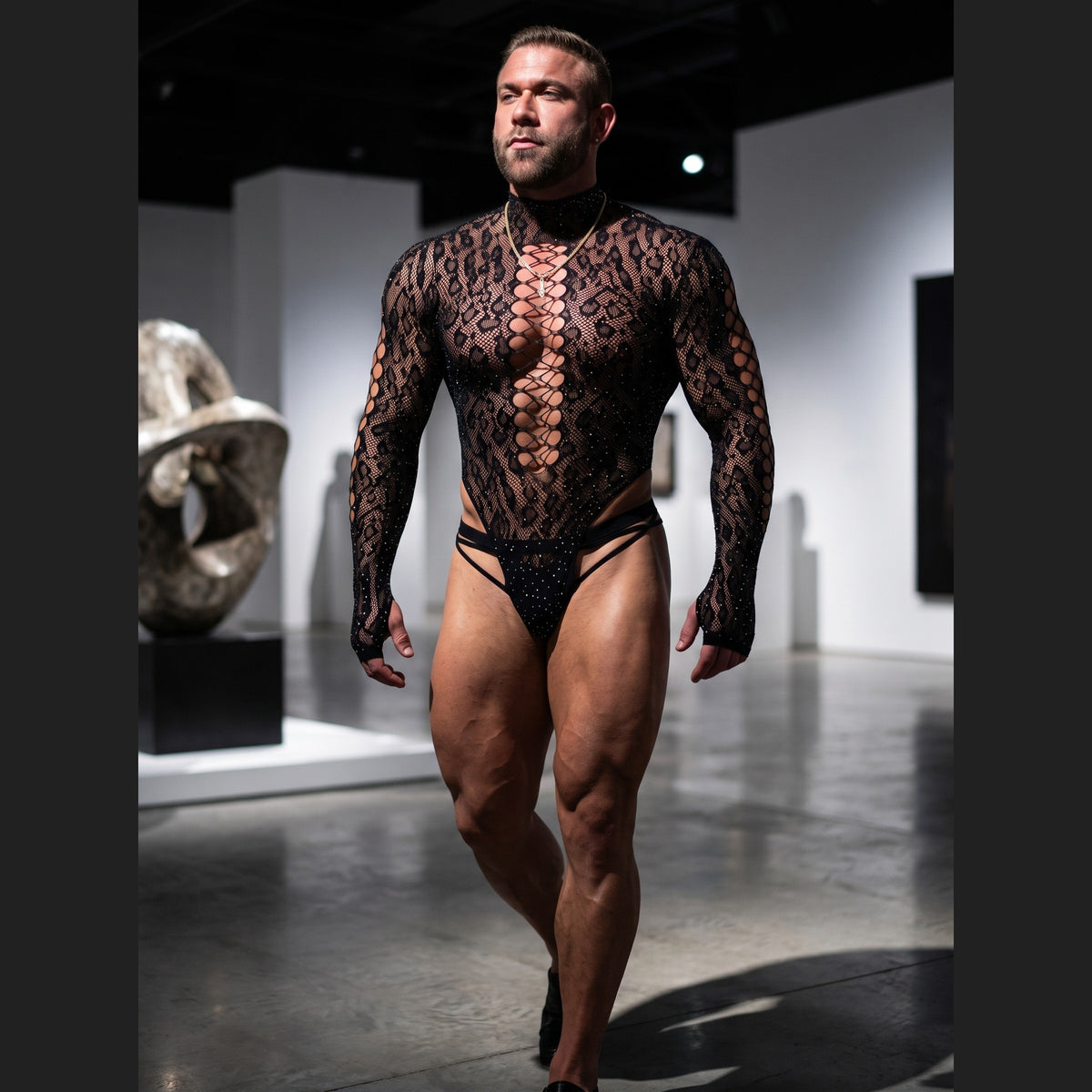 Black leopard lace bodysuit for men worn front-on, full length