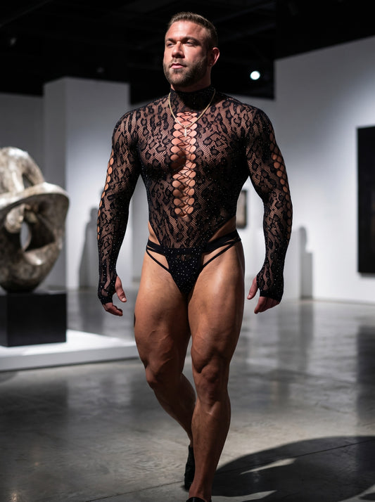 Worn walking through a gallery space, showing the full length of the bodysuit