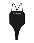 Load image into Gallery viewer, The black bodysuit laid flat, front, showing the scoop neck and thong cut
