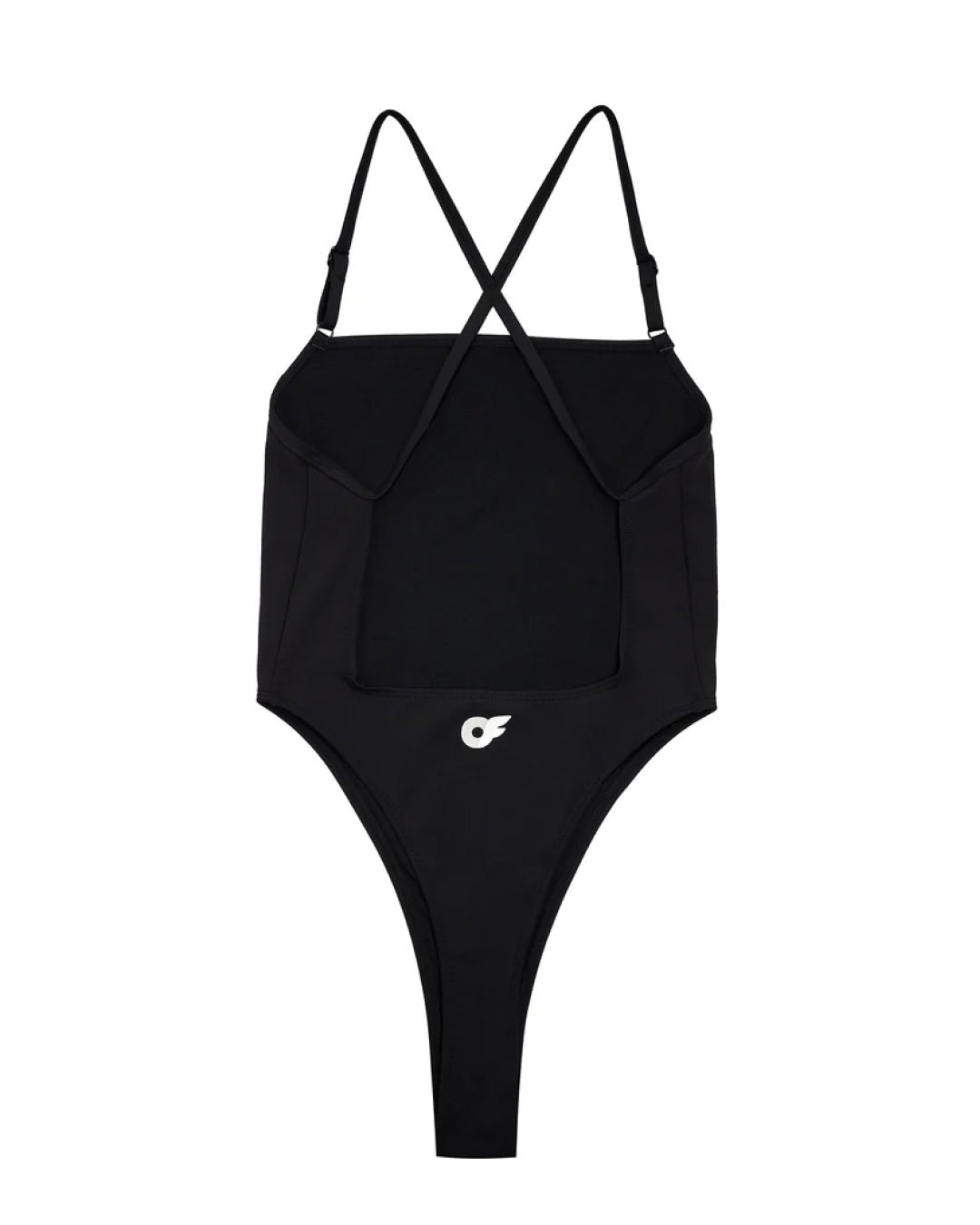 The black bodysuit laid flat, back, showing the crossed straps and rear logo