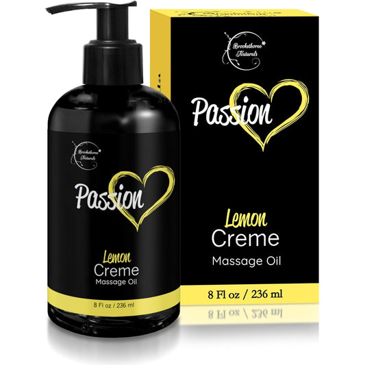 Lemon Crème massage oil pump bottle beside its box, 8 fl oz / 236 ml