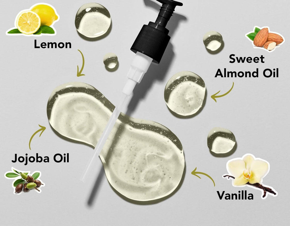 Oil swatch labelled with lemon, sweet almond oil, jojoba oil and vanilla