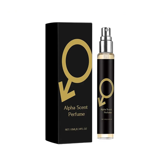 The boxed pheromone perfume beside its 10 ml black and gold atomiser on a white ground