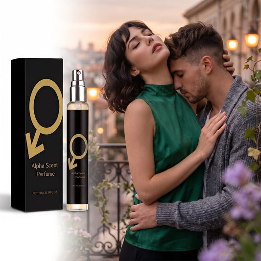 A couple close together on a balcony at dusk, with the boxed perfume and atomiser shown alongside