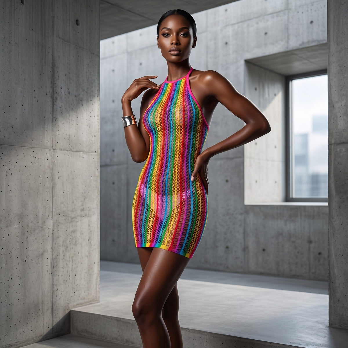The dress worn against a plain wall, showing how sheer the net is