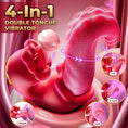 Cargar la imagen en la vista de la galería, Red rose tongue vibrator with the arm in motion and four close-ups labelled Clit, G-spot, Nipple and Anal, captioned 4-In-1 double tongue vibrator
