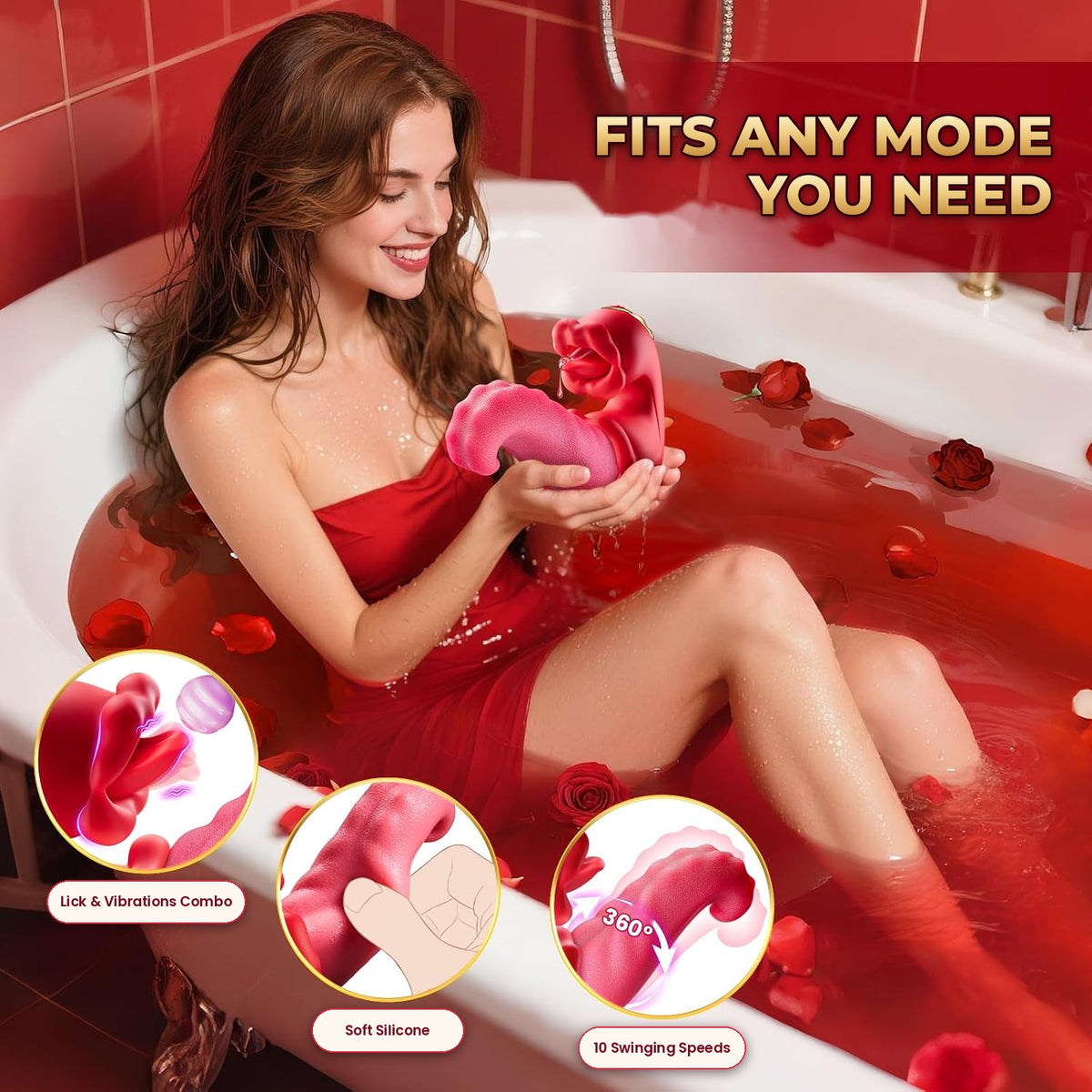 Woman in a rose-petal bath holding the red rose tongue vibrator, with close-ups labelled Lick & Vibrations Combo, Soft Silicone and 10 Swinging Speeds