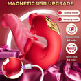 Cargar la imagen en la vista de la galería, Red rose tongue vibrator with its magnetic USB charging plug, the two mode buttons labelled, charging time 60 min and using time 50 min
