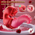 Cargar la imagen en la vista de la galería, Red rose tongue vibrator splashed with water, with a tick for rinsing in the hand and a cross for submerging, captioned IPX6 waterproofed, easy to clean
