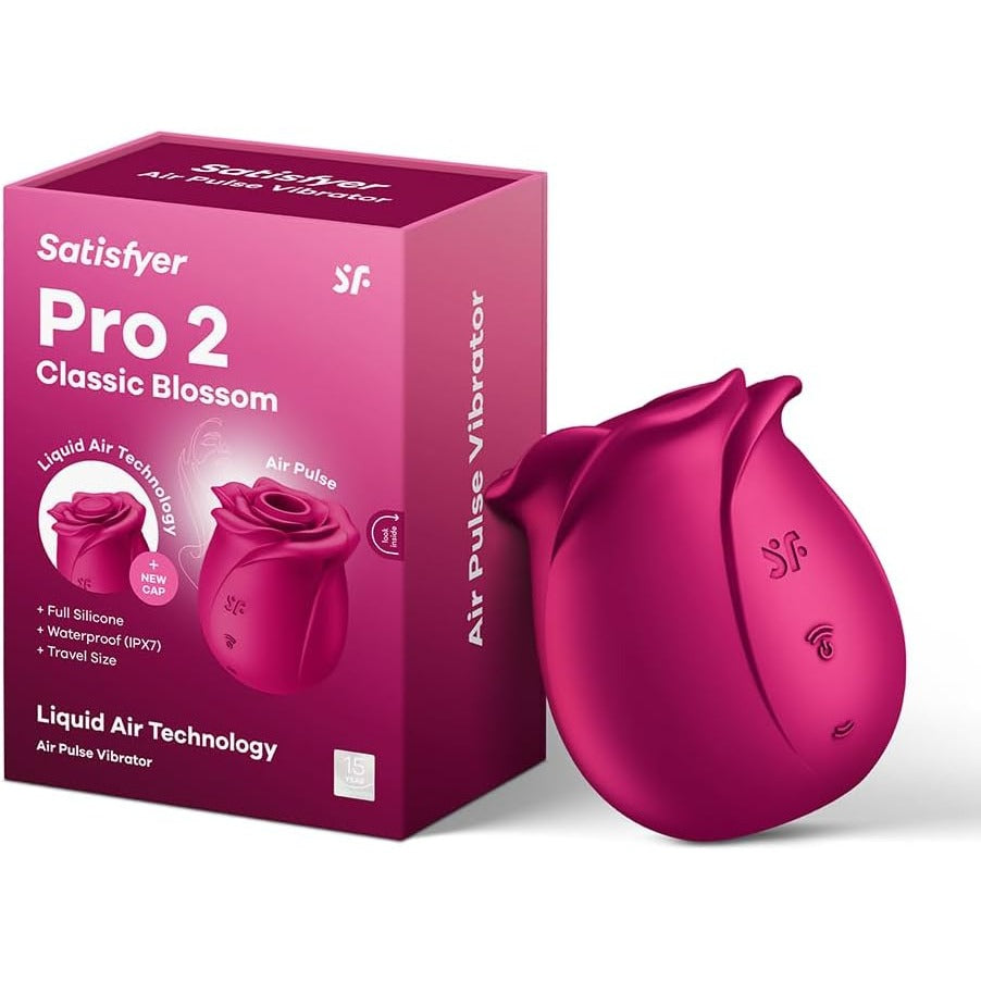 Satisfyer Pro 2 Classic Blossom rose-shaped air pulse stimulator in pink with its box