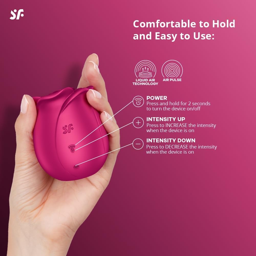 The rose held in a hand with the power and intensity buttons labelled