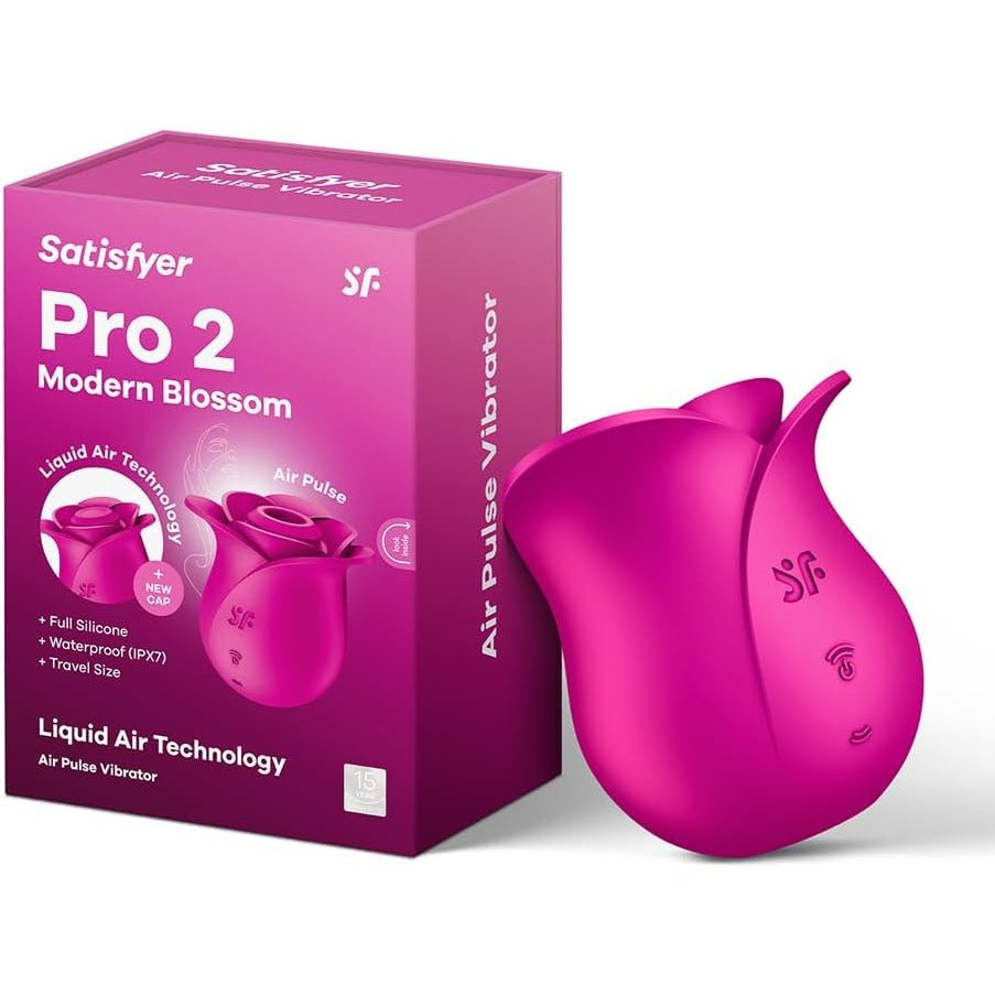 Satisfyer Pro 2 Modern Blossom air pulse stimulator in pink with its box