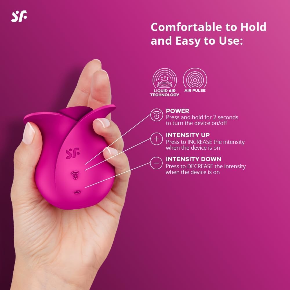 The stimulator held in a hand with the power and intensity buttons labelled