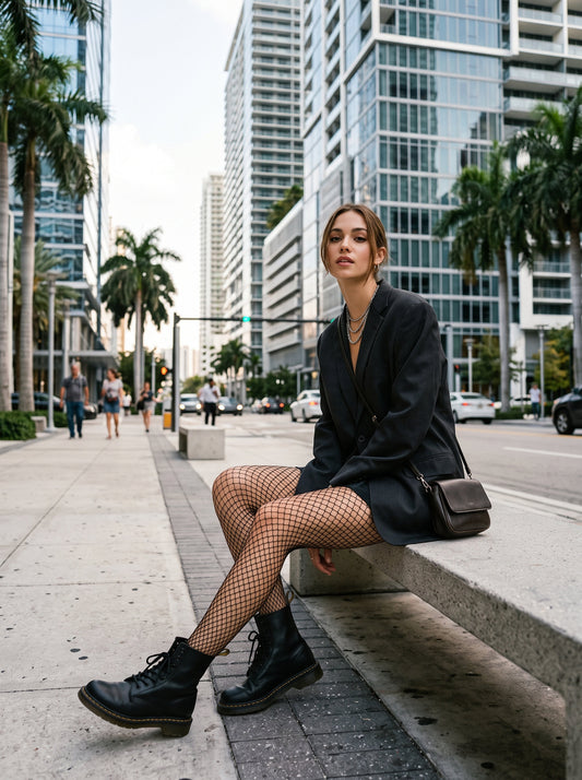 Small grid fishnet tights worn with an oversized black blazer on a sunlit Brickell sidewalk, the diamond net reading sharply in direct light